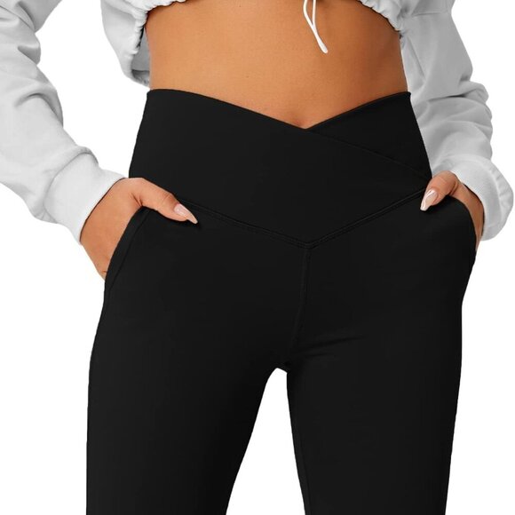 Women's Black High-Waisted Flare Yoga Pants with Pockets, 28-inch Inseam, Tummy - Picture 6 of 6